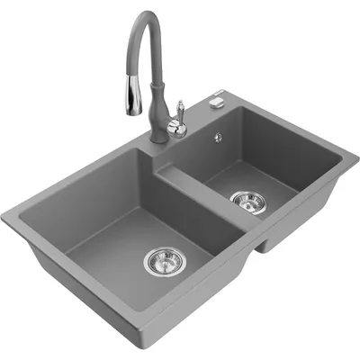Obrázek produktu pro Mexen Tomas 2-miskový granitový dřez s kuchyňskou baterií Savita, Šedá - 6516-71-672601-71