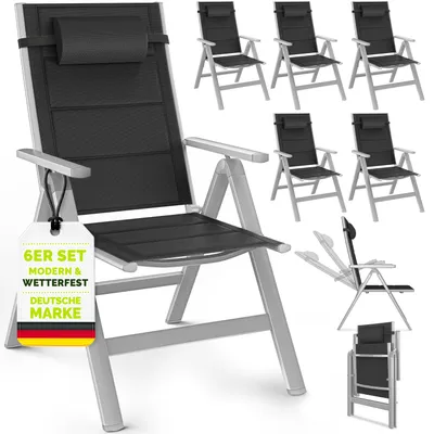 Produktbild von tillvex Gartenstuhl mit Polster Premium 6 Stück Silber klappbar aus Aluminium | Hochlehner mit Armlehnen | Klappstuhl verstellbar | Klappsessel Balkon Garten Terrasse