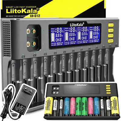 Produktbild von Akku Ladegerät für AA, AAA & 9V | Schnellladegerät mit LCD Display | 12 Schacht | NiMH, NiCd | Universal Batterielader | Retoo