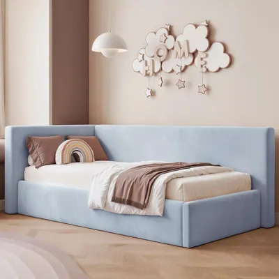 Produktbild von Eckbett Jugendbett Sampre 120x200 cm Hellblau Links Velvet – Bettkasten, Metalllattenrost