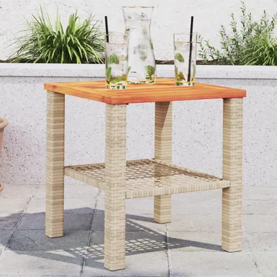 Produktbild von Design Gartentisch Beige 40x40x42 cm Poly Rattan Akazienholz, Gartentische 2024 Neu