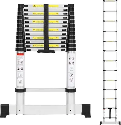 Imagen del producto de Escalera telescópica de aluminio, 3.8 metros. Escalera extensible con estabilizador, capacidad de carga de 150 kg. Escalera de aluminio antideslizante, escalera de pie, escalera multiusos para áticos, oficinas, caravanas y escalada