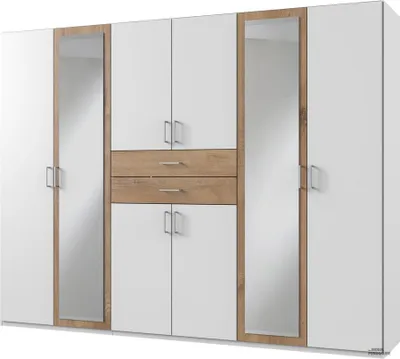 A white wardrobe with wood accents and mirrors.