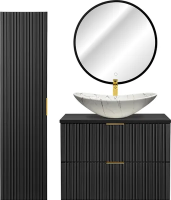Produktbild von Badmöbel Set mit 81cm Waschtisch, Hochschrank, LED-Spiegel und Keramik-Waschbecken, schwarz matt gerillte Front, ADELAIDE-56-BLACK, B/H/T ca. 130/200/46,5 cm