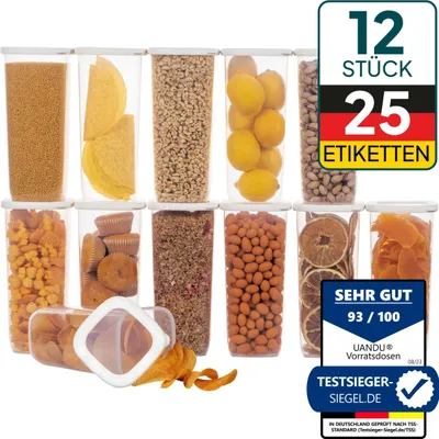 A collection of clear plastic food storage containers filled with various food items, arranged on a white background.