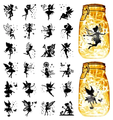 Produktbild von 24 Stück Feen-Silhouetten für Einmachgläser, Dekor aus PVC, lasergeschnittene Silhouetten, Engel-Ausschnitte, Scrapbook-Papp-Silhouette-Ornamente für Gläser, Laternen, Milchglas, 10x9 cm, ohne Aufkleber