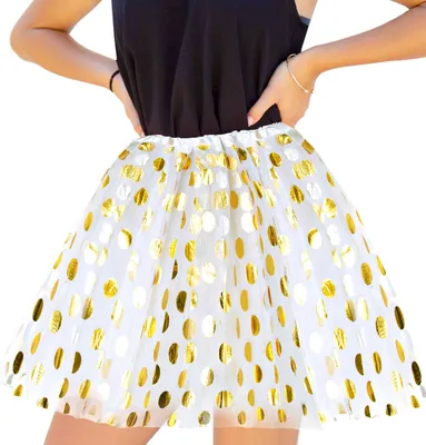 Produktbild von Oblique Unique Tutu Tütü Damen Rock Tüllrock Kostüm Accessoire Fasching Karneval 60 cm - 116 cm weiß gold gepunktet
