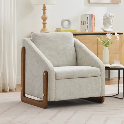 Obrázek produktu pro MODFU polohovací křeslo, jídelní židle s dřevěnými područkami, lounge křeslo s opěrným polštářem, žinylková tkanina, béžová barva