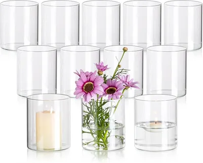 Image de Vase en verre transparent, dimensions 10 x 8,5 cm, lot de 12, idéal pour les fleurs