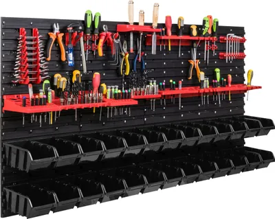 Obrázek produktu pro Skladovací systém Dílenské regály | 156 x 78 cm | 26 ks. Box | Nástěnný regál s držáky na nářadí a stohovatelnými boxy - Nástěnné desky Extra silné regály s přihrádkami Nástěnná deska s otvory pro nářadí Skladovací regál Garážový regál