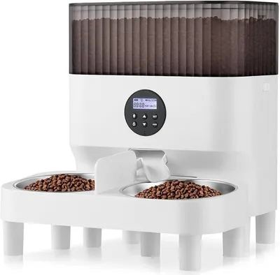 Imagen del producto de Dispensador de comida para dos gatos, comedero automático inteligente para gatos, con función de grabación de voz de 10 segundos, capacidad para hasta 80 porciones y 4 comidas al día para gatos y perros, color blanco, 5 litros de capacidad