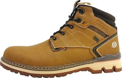 A side view of a tan work boot.