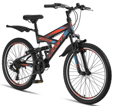 Zdjęcie produktu dla Rower górski Licorne Bike Strong V Premium w rozmiarach 24 i 26 cali - rower dla chłopców, dziewczynek, kobiet i mężczyzn - 21 biegów Shimano - pełna amortyzacja