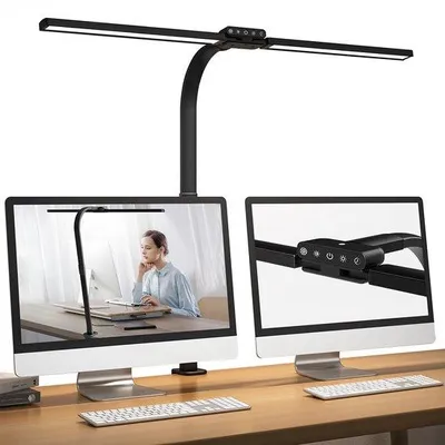 Immagine prodotto di Lampada da scrivania LED Ibenzoa® con morsetto, doppia testa e collo di cigno a 360°, dimmerabile con 5 livelli, 5 temperature di colore da 3200 a 6500K, 1800 lumen, portata fino a 77 cm, realizzata in alluminio