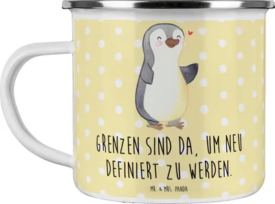 Produktbild von Mr. & Mrs. Panda Haferl Pinguin Amputation - Gelb Pastell - Geschenk, Pott, Emaille Tasse, Teetasse, Armamputation, Becher, Kaffeepott