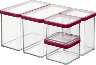 A set of five clear plastic food storage containers with red lids, arranged in a group.