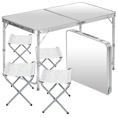 Produktbild von Premium Campingtisch 120x60 cm mit 4 Stühlen – Multifunktions-Klapptisch aus Aluminium in Weiß, faltbarer Koffertisch für Outdoor & Picknick