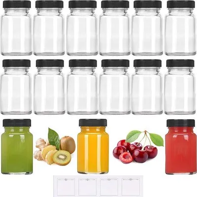 Produktbild von Famanu Set von 15 Glasflaschen 60 ml mit Etiketten, wiederverwendbar für Säfte, Smoothies und Kräuter – Transparent