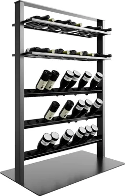 A modern, black metal wine rack filled with wine bottles, displayed against a white background.
