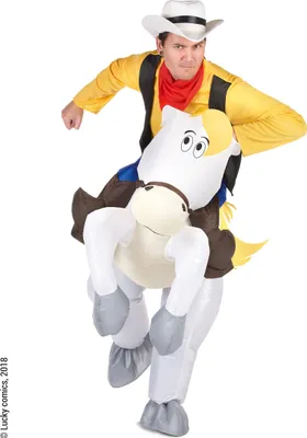 A person wearing an inflatable cowboy costume riding an inflatable horse.