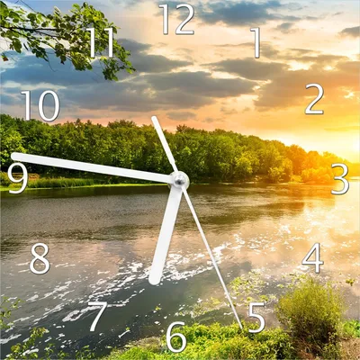 Produktbild von Wallario Design Wanduhr Sonnenuntergang am Fluss in grüner Umgebung aus Echtglas, Größe 20 x 20 cm