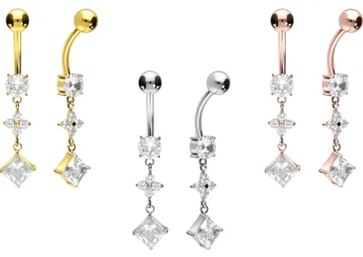 Produktbild von Bauchnabelpiercing Titan Bananabell mit Innengewinde KRISTALLBLUME + KRISTALLQUADRAT Silber Stablänge: 10mm