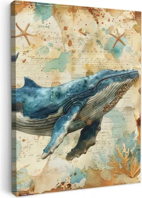 Produktbild von MuchoWow® - Leinwandbilder - Vintage - Wal - Aquarell - Blau - Meerestiere, Wandbild, Wanddeko Bilder Wohnzimmer, 30x40 cm