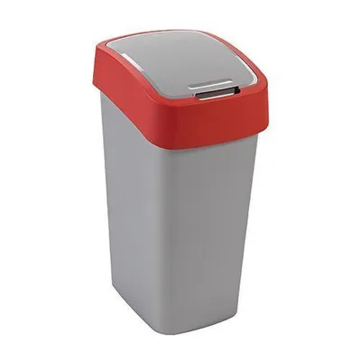Produktbild von Abfallbehälter mit Schwing-/Klappdeckel | 50 Liter Fassungsvermögen | Silber/Rot