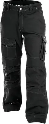 A pair of black cargo work pants is shown against a white background.