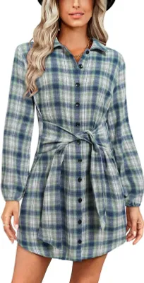 Produktbild von ASKSA Damen Kariert Hemdkleid Elegant Knöpfen Blusenkleid V-Ausschnitt Langarm Tunika Kleider Freizeitkleid mit Gürtel, Grün, S