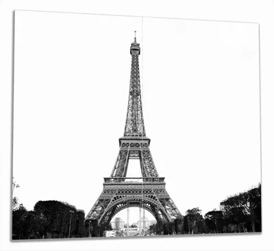 Produktbild von Wallario Herdabdeckplatte aus Glas, Größe 60 x 52 cm 2-teilig, Motiv Eiffelturm in Paris - schwarz weiß
