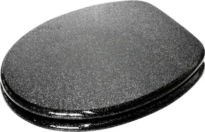 A black toilet seat with silver glitter flecks, shown from a slightly elevated angle against a white background.
