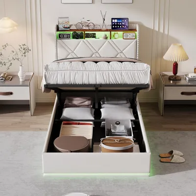 Zdjęcie produktu dla Łóżko tapicerowane UnboxG, 90x200 cm, z podnoszanym materacem, pojemnikiem na pościel, oświetleniem LED i portami USB, zagłówkiem z pojemnikiem, obicie z lnu, stelaż, kolor beżowy