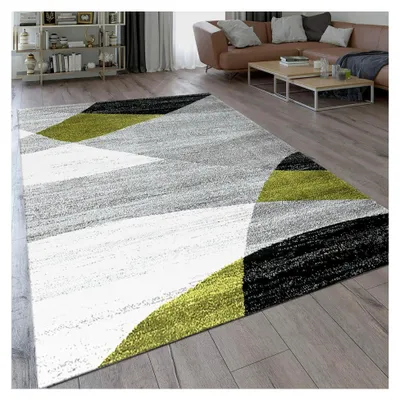 Produktbild von Teppich mit geometrischem Muster in Grün, Grau, Weiß und Schwarz, Kurzflor, Maße: 80x150 cm