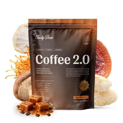 Produktbild von Tasty Dose's Coffee 2.0. Pilzkaffee - Kaffee & Gesalzenes Karamell, 7 Vitalpilze & Ashwagandha, instant (288 g, 30 Portionen)