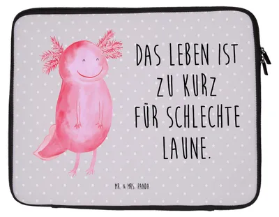 Produktbild von Mr. & Mrs. Panda Laptop Tasche Axolotl Glücklich 27 x 36 cm - Grau Pastell - Geschenk, Lebensfroh, gut Gelaunt, Schwanzlurch, Laptophülle, Notebook Sleeve, Axolot, Hülle