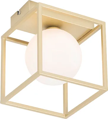 A close-up studio shot of a gold-colored geometric ceiling light fixture with a white globe.