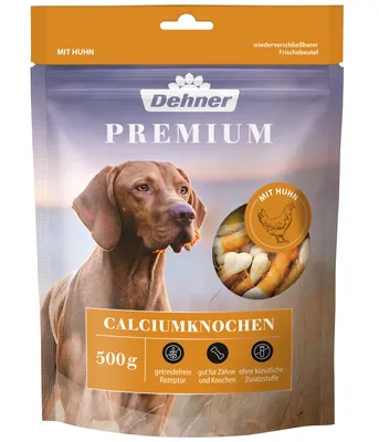 Produktbild von Dehner Premium Hundesnack, Leckerli getreidefrei / fettarm, Calciumknochen für ausgewachsene Hunde, mit Hühnerbrustfilet umwickelt, 500 g