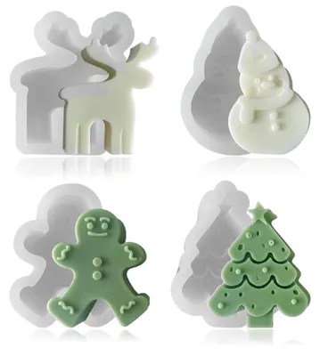 4 Weihnachts-Silikonformen: Tannenbaum, Lebkuchenmann, Elch, Schneemann