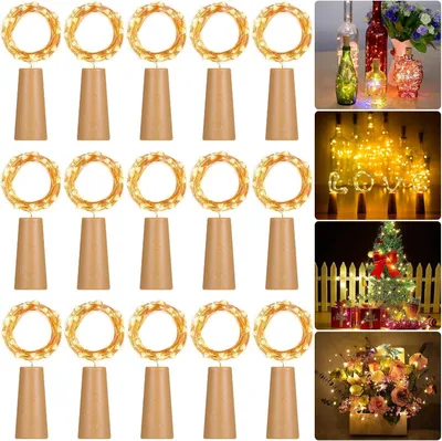 Productafbeelding van Pack van 15 batterijfleslampen - LED-fleslicht - Kurkwijnfles nachtlampje - Bruiloft decoratie - Halloween - Kerstmis