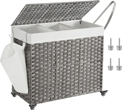 Produktbild von SONGMICS Wäschekorb, 160 L, mit Deckel, 3 Fächer, Wäschesack herausnehmbar