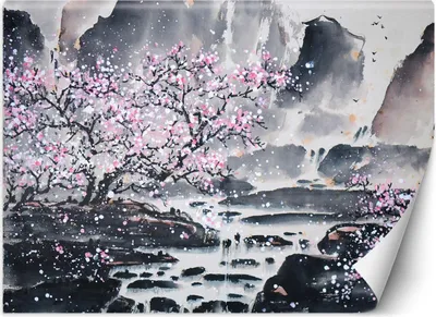 Produktbild von Vlies fototapete Kirschblüte vor einem Berghintergrund 450x315 cm Feeby Grau inkl. Kleber einfache Montage