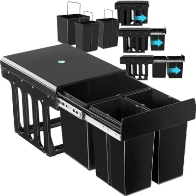 A black multi-compartment trash can system with pull-out drawers, shown with smaller inset images illustrating its components and functionality.