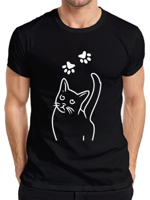 Productafbeelding van T-shirt voor heren, zwart, maat M, met een minimalistisch ontwerp van een kattenpootafdruk. Geschikt voor kattenliefhebbers