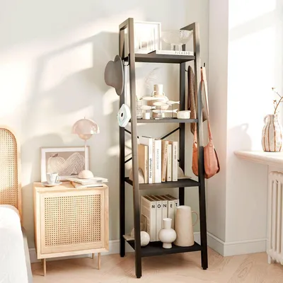 Productafbeelding van Stapelbaar rek met 4 niveaus, metalen X-frame, industriële stijl, 34x30x125 cm, zwart