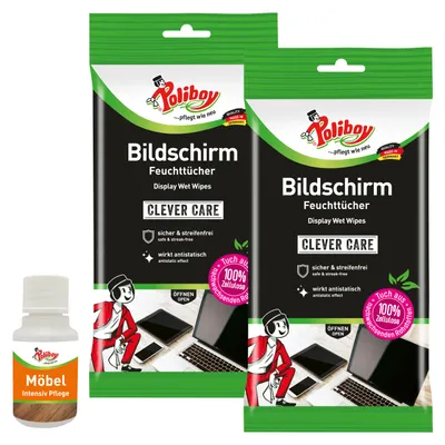 Produktbild von Poliboy Reinigungstücher Bildschirm 2er Set - 2x15 Stück - entfernen Verschmutzungen und Staubablagerungen - Inklusive Möbel Probe