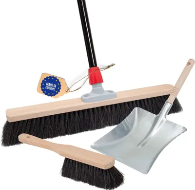 Produktbild von Novaliv Großer Besen 60 cm mit Stiel Rosshaarbesen Saalbesen inkl. Kehrgarnitur verzinkt bestehend aus Kehrblech und Handfeger besen fein Ideal als Werkstattbesen Hallenbesen Hausbesen mit Stiel