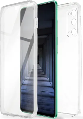 A clear phone case is shown with a phone inside, displaying a hallway image on its screen.