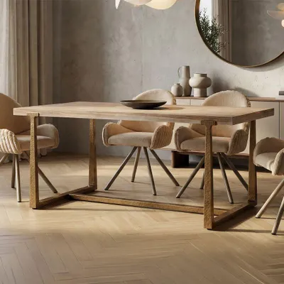 Produktbild von Moderner Ankara-Tisch, 150 x 90 x 78 cm, aus MDF und braun-goldenem Metall – Rechteckiges Design mit klaren Linien – Stabile Konstruktion zur Selbstmontage