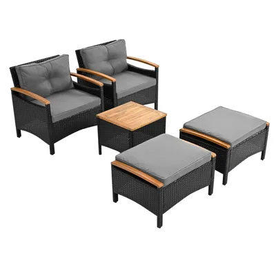 Produktbild von Rattan Balkonset (5-teilig), Akazienplatte mit grauen Kissen, Tragkraft 160 kg